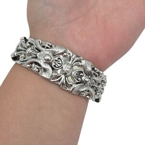 Vintage Whiting & Davis CO. Repousse Ornate Floral Hinged Cuff Bracelet Silver